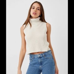 French Connection Mozart Cropped Cotton Sleeveless Sweater size L Camel Tan